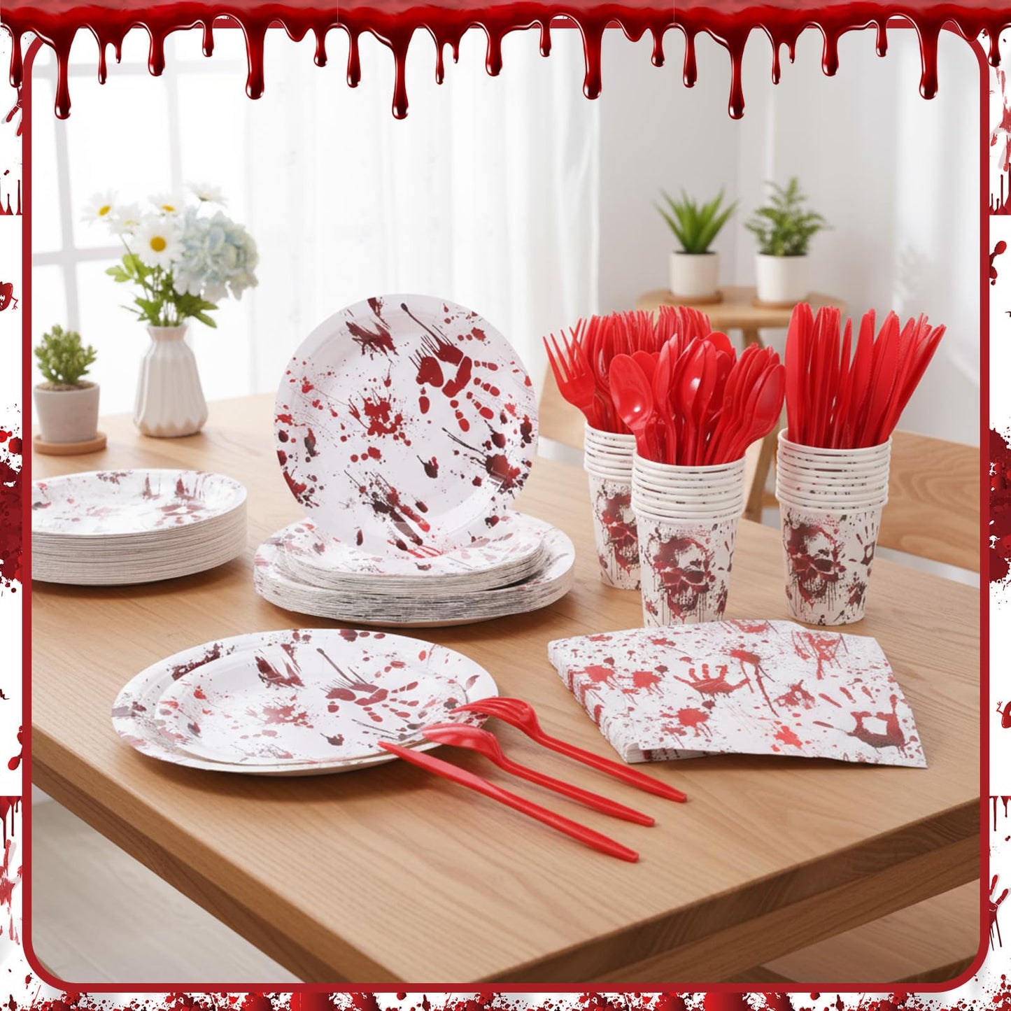 Peryiter 171 Pcs Halloween Party Supplies Disposable Tableware Set Halloween Plate Cup Napkin Spoon Fork Knives Banner Plastic Tablecloth Dinnerware Kit for Party Decorations Serves 24 (Bloody Zombie)