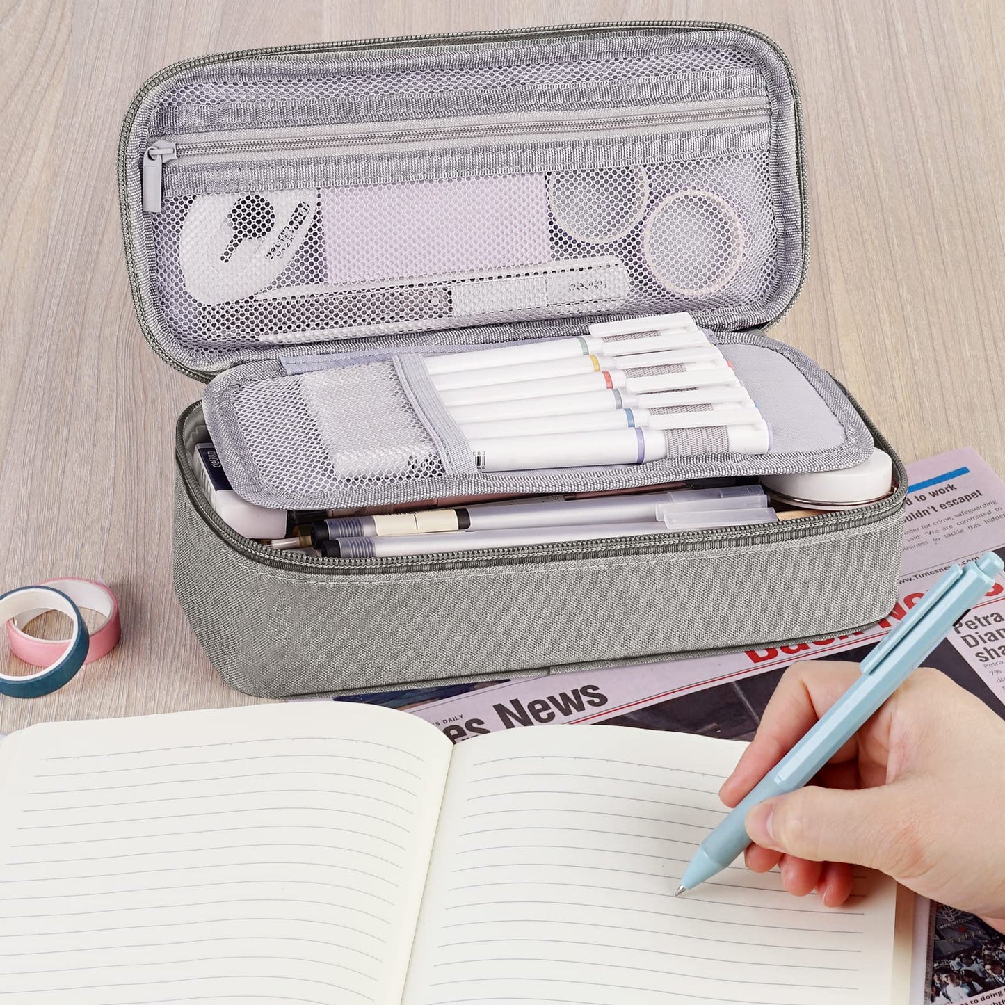 WEMATE Large Pencil Case Aesthetic,Big Capacity Canvas Pencil Pouch with Zipper, Pencil Case for Women & Men, Marker Pen Case,Portable Pencil Bag for Office Light Grey