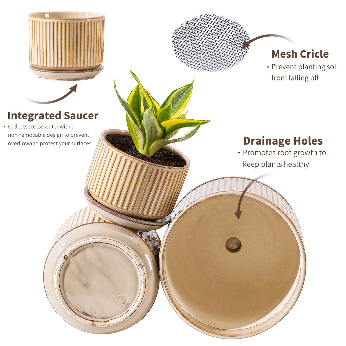SURE YUESI Beige Ceramic Plant Pots Set of 3 (4.3”+5.5”+6.7”), Striped Planters with Drainage Hole, Saucer & Mesh Pads, Decorative Pots for Indoor & Outdoor Plants