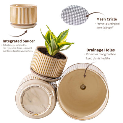 SURE YUESI Beige Ceramic Plant Pots Set of 3 (4.3”+5.5”+6.7”), Striped Planters with Drainage Hole, Saucer & Mesh Pads, Decorative Pots for Indoor & Outdoor Plants