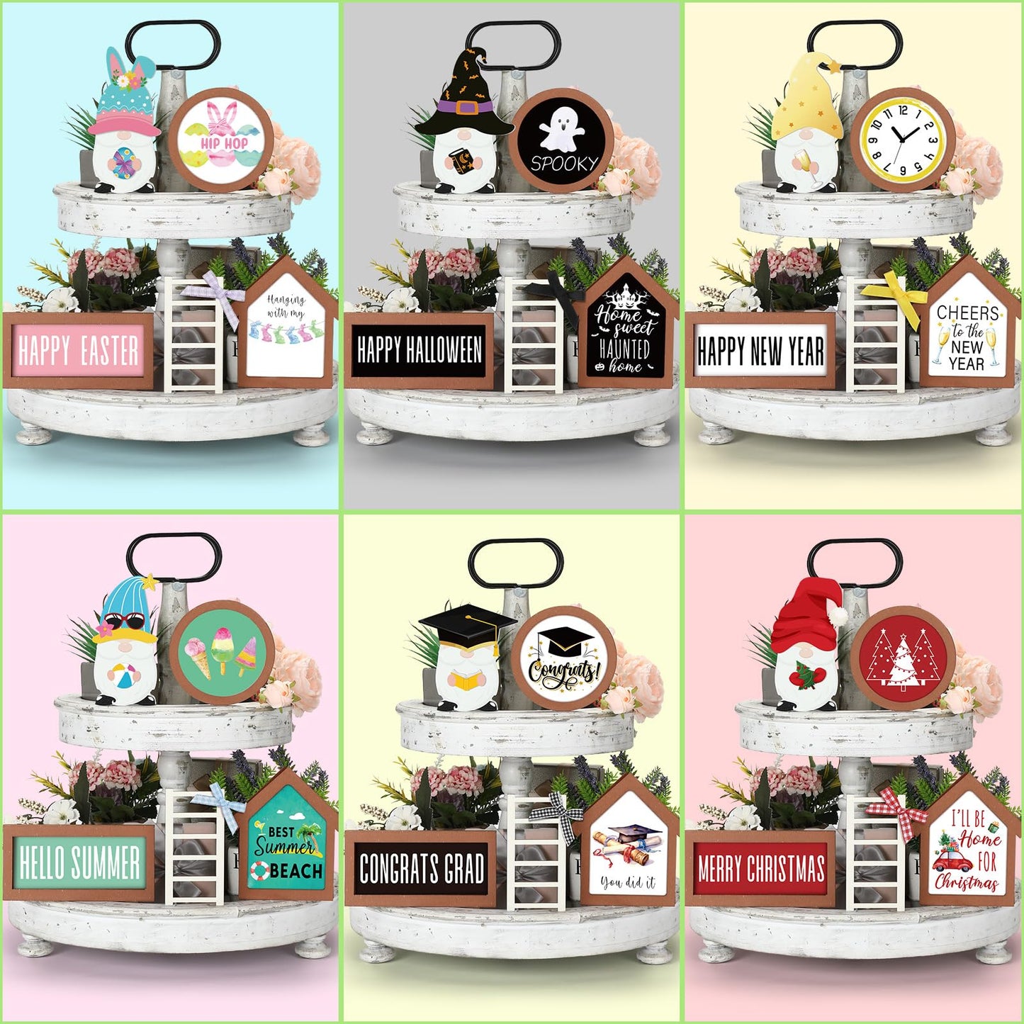 Lineshading 65 Pcs Interchangeable Seasonal Tiered Tray Decor Set Patriotic Farmhouse Summer Tiered Decorations Holiday Rustic Wooden Frames Arch Ladders Cards Bow Knot for Home Kitchen Table Decor