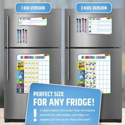 Large Magnetic Reward Chart for Multiple Kids (1-3 Kids) - 127 Pre-Written Stickers (Including Potty Training) + 30 Custom Chores - Behavior, Responsibility & Incentive Star Chart for Your Fridge