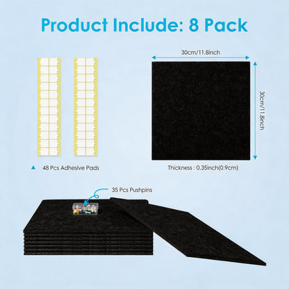Bulletin Board 47" X 24" Cork Boards for Wall Alternative 8 Pack Black Non-Stripe Felt Bulletin Board 48 Safe Adhesive 35 Push Pins for Office School Home Room Decor
