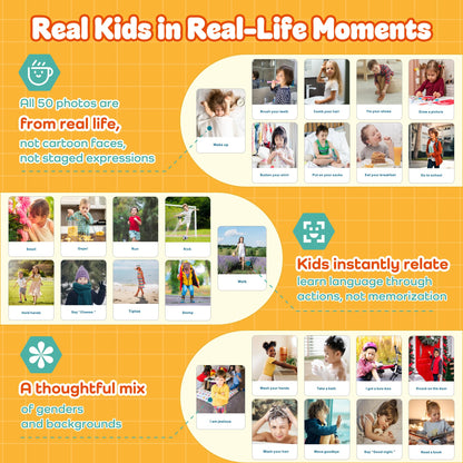Actions Flash Cards for Kids (Ages 3-7), 50 Real-Life Photo Cards for Speech & Language Development, Based on Total Physical Response (TPR) Learning Approach, Support Daily Feelings