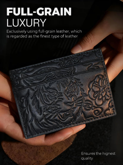 Avery's Boutique Genuine Leather Slim Card Holder – Minimalist Unisex Wallet with Elegant Embossed Pattern, RFID Blocking Card Holder for Men & Women (Le Tigre, Noir)