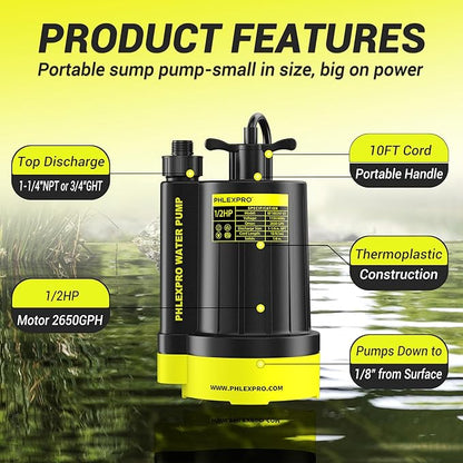 1/2HP Automatic Submersible Water Pump,110V Sump Pump Submersible with 2650 GPH Water Removal, 3/4” Garden Hose Check Valve Adapter for Swimming Pool Cover Hot Tubs Flooded House Basement