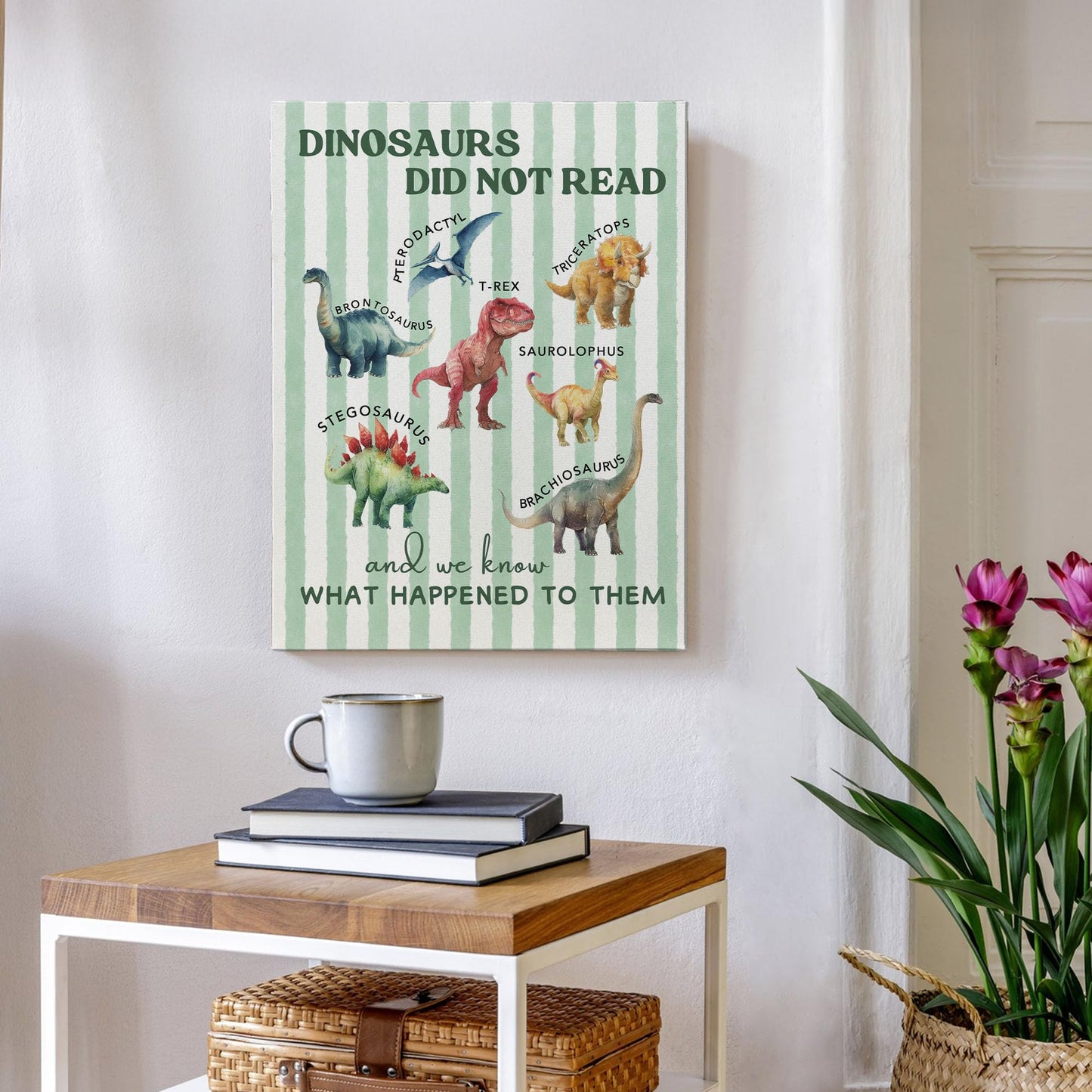XINCEYWJ Dinosaur Room Wall Decor, Dinosaur Reading Canvas Art Prints Framed, Toddler Boy Room Decor, Dino Artwork Green Dinosaurs Wall Art for Kids Toddler Boy Room Nursery Room, 11x14 In