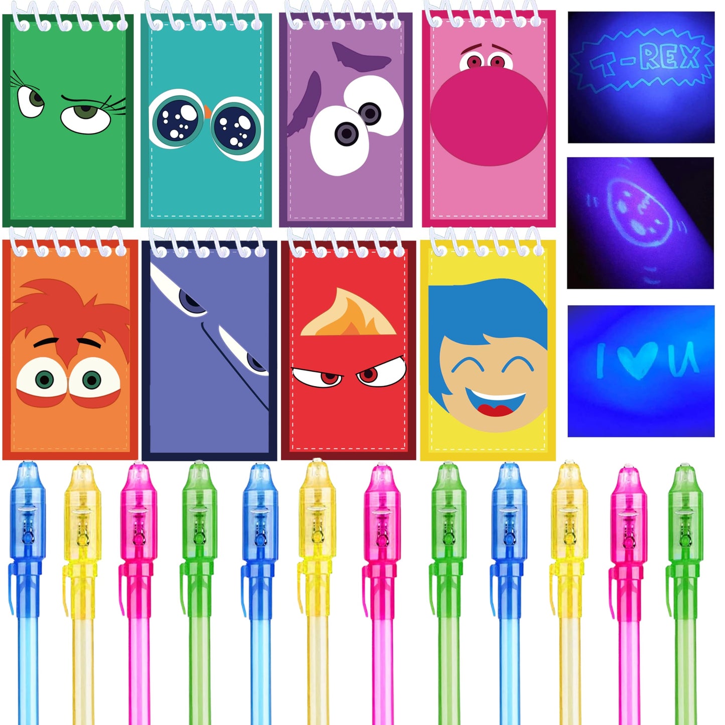 Junyaoii 12 UV Pens and 12 Cartoon Notebooks for Children's Birthday Party Favors, Boy & Girl Party Gift Bag Stuffers, Advent Calendar Birthday Decoration