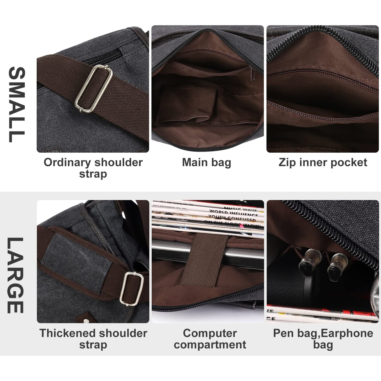 Messenger Bag for Men,Unisex Canvas Shoulder Bag,Classic Vintage Military Messenger Bags for women, satchel Bag,Crossbody Bookbag,Black