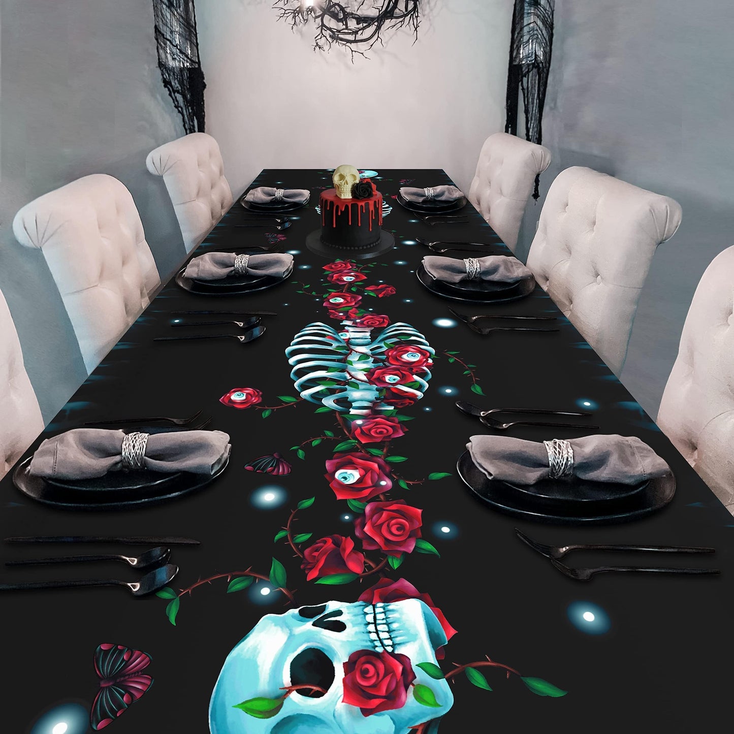 Cheerland Halloween Gothic Tablecloth Rose Skull Table Cloth Rose Skeleton Fabric Table Cover Black and Red Design for Halloween Weddings Summerween Birthday and Party Decor Supplies