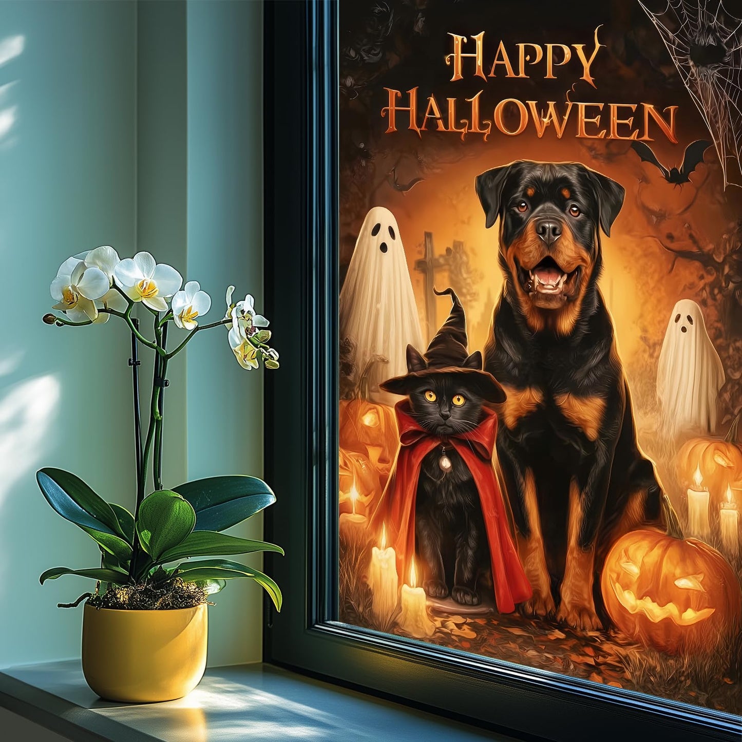 HOMETITUTE Halloween Window Film 24x36 Inch PVC Rottweiler Window Decal and Black Cat Window Sticker with Pumpkin Ghost Bat Design for Glass Halloween Glass Decoration Home