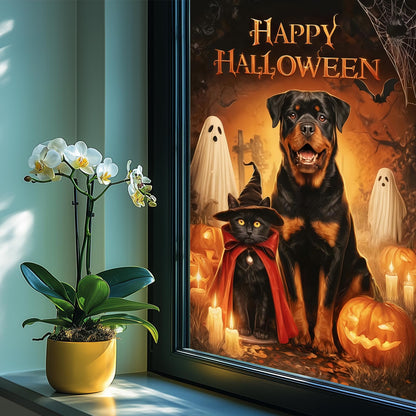 HOMETITUTE Halloween Window Film 24x36 Inch PVC Rottweiler Window Decal and Black Cat Window Sticker with Pumpkin Ghost Bat Design for Glass Halloween Glass Decoration Home