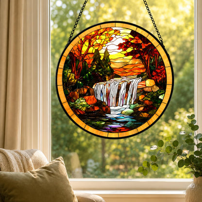Stained Glass Window Hanging- Autumn Waterfall Design，Suncatcher for Window, for Christmas, Mother's Day and Nature Lovers