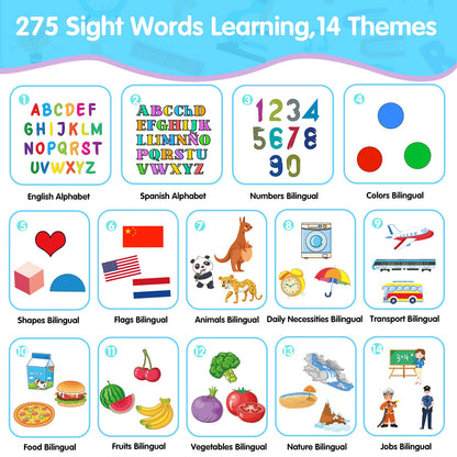 QuTZ ABC Learning Flash Cards for Toddlers 2-4 Bilingual Spanish English, Autism Toys, Speech Therapy Toys, Educational Learning Talking Sight Words Flash Cards for Boys and Girls, 275 Sight Words