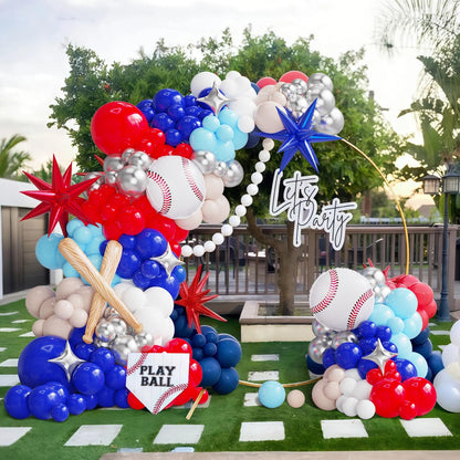 Baseball Balloon Arch Kit,134Pcs Navy Blue Red Sand White Balloon Garland with Baseball,Baseball Bat,Explosion Star Foil Balloons for Sports Theme Baby Shower Rookie Year 1st Birthday Party Decoration