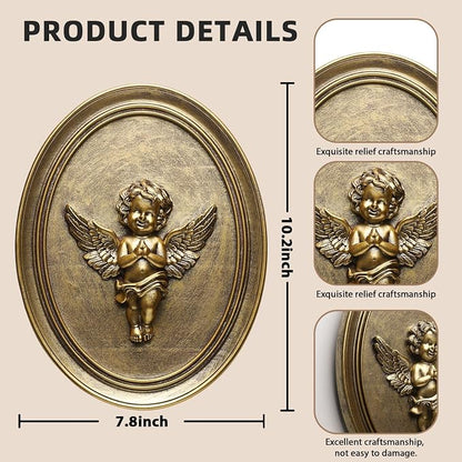 Newinhome Vintage Cherub Wall Sculpture Antique Wall Decor Hand Painted with Embossed Cherub Design, Oval Aesthetic Room Decor, Vintage Decoration for Living Room Hallway and Bedroom,Unique Gifts
