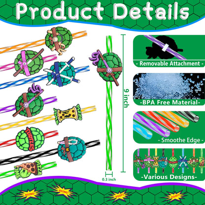 24 Green Turtles Birthday Party Decorations - Reusable Fun Plastic Straws for Kids Boys Girls Cartoon Pizza Turtle Party Favors - Cute Drinking Straws for Teenage Party Supplies Decor + 2 Brushes