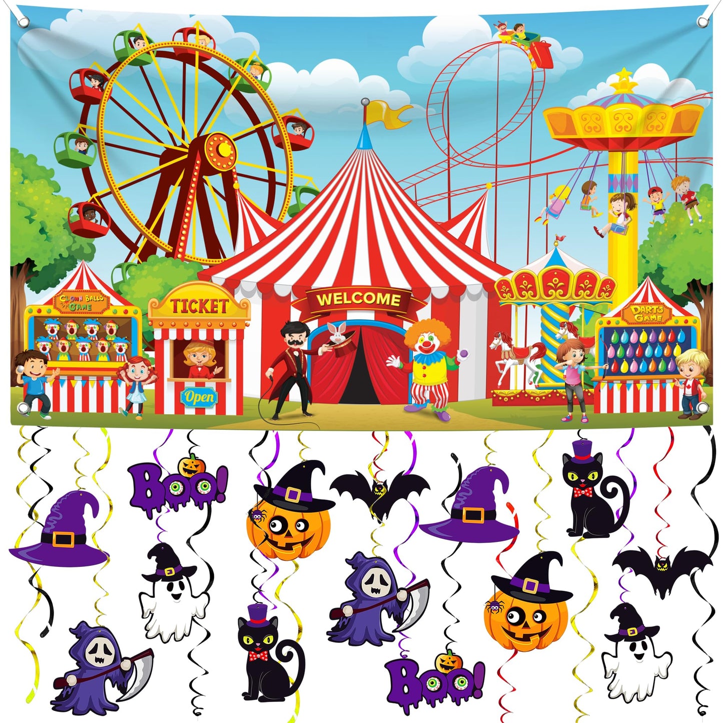 Halloween Hanging Decorations - Large, Pack of 28 and XtraLarge Carnival Backdrop - 72x44 Inch | Spooky Halloween Hanging Swirls, Halloween Party Decorations | Scary Halloween Carnival Decorations