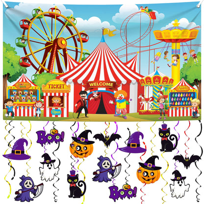 Halloween Hanging Decorations - Large, Pack of 28 and XtraLarge Carnival Backdrop - 72x44 Inch | Spooky Halloween Hanging Swirls, Halloween Party Decorations | Scary Halloween Carnival Decorations