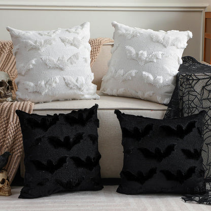 Geyoga Set of 4 Halloween Bat Pillow Covers 18x18 Inch Black White Bat Throw Pillow Cases Soft Plush Faux Fur Couch Cushion Case for Chair Sofa Bedroom Living Room Home