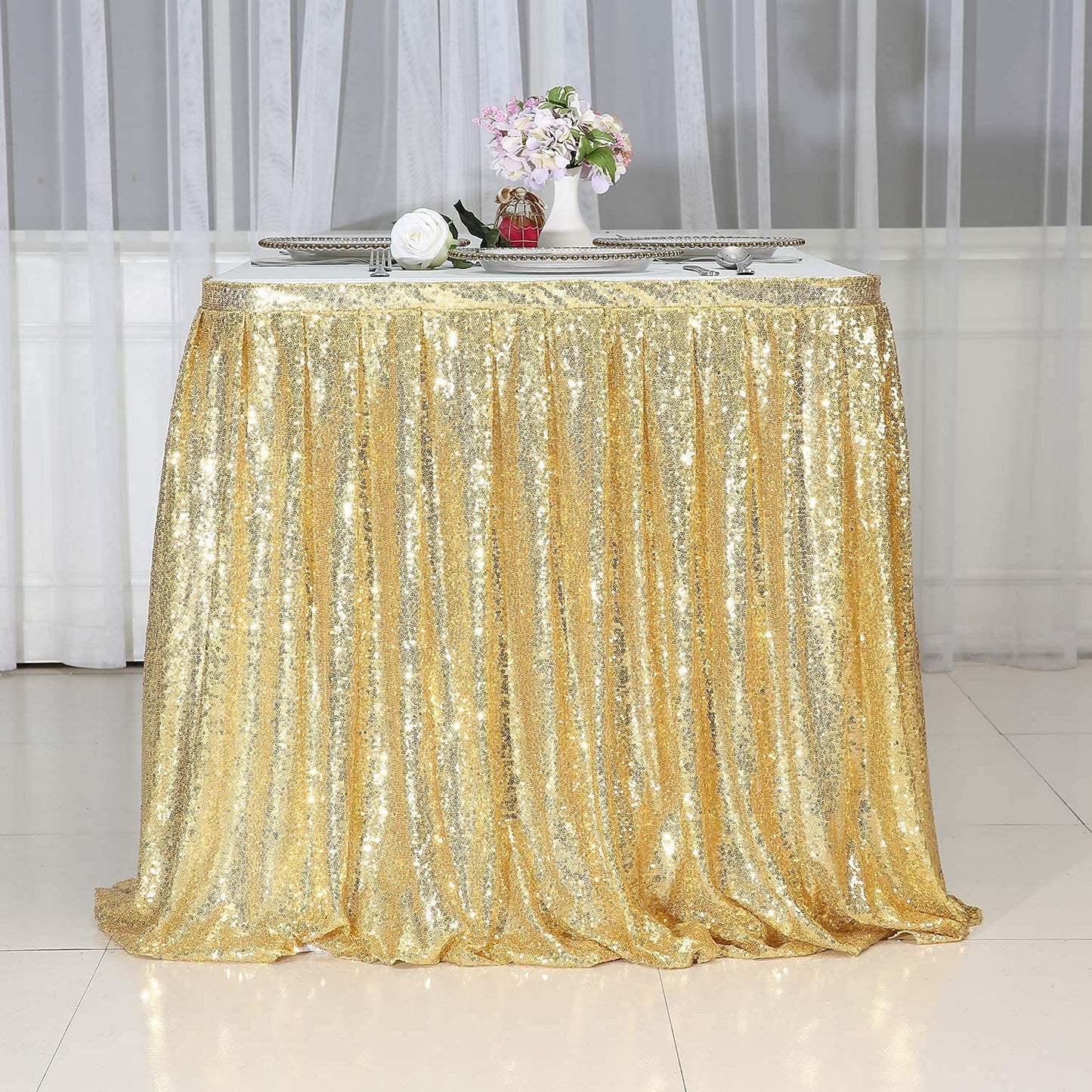 PartyDelight Sequin Table Skirt 9ft Gold for Round/Rectangle/SquareTables for Birthday Party Wedding Christmas