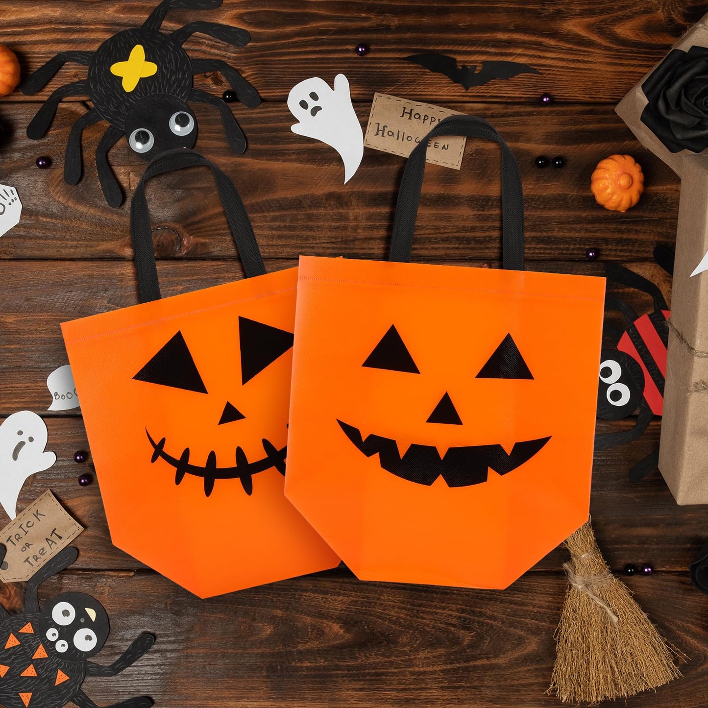 Lincia 24 Pcs Halloween Non Woven Pumpkin Bag 12.6 x 9.8 Inch Reusable Trick or Treat Gift Candy Goodie Handles Bag for Halloween Birthday Party Favors Classroom