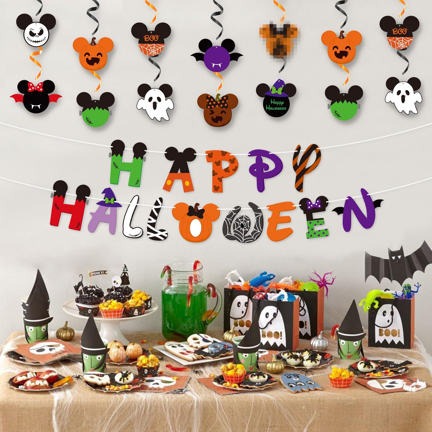 Aginc Beery Mouse Happy Halloween Banners with Hanging Swirls for Kids, Mouse Zombi Spider Elements Hanging Streamers Decors, Halloween Trick or Treat Party Decor Supplies, Halloween Theme Party Decor
