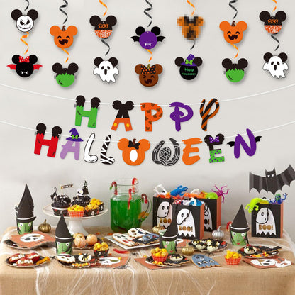 Aginc Beery Mouse Happy Halloween Banners with Hanging Swirls for Kids, Mouse Zombi Spider Elements Hanging Streamers Decors, Halloween Trick or Treat Party Decor Supplies, Halloween Theme Party Decor