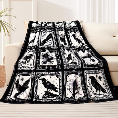 Bird Blanket Halloween Black Gothic Throw Blanket Ultra Soft Retro Hummingbird Blankets Raven Crow Throw Bird Lover Gift Bed Cover Cozy Flannel Fuzzy Plush Couch Cover for Sofa 50" X 60"