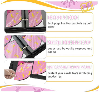 Trading Card Binder 4 Pocket,Card Binder 400 Pockets,Card Book Holder Cards with 50 Removable Sleeves,3-Ring Zip Design MTG/TCG/Sport Collectible Trading Card Albums Gifts for Boys and Girls (Pink)