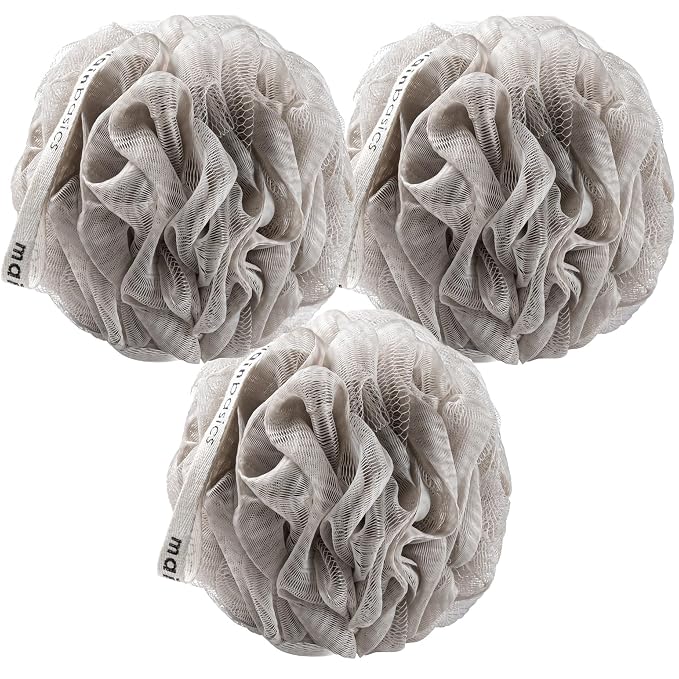 MainBasics Bath Shower Loofah Sponge Pouf Body Scrubber Exfoliator Body Wash Sponge (Set of 3, Totally Taupe)