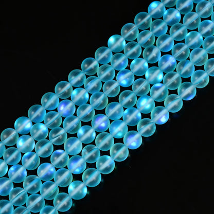 8mm Matte Aqua Blue Mermaid Aurora Crystal Glass Bead, Glitter Round Synthetic Moonstone Beads for Jewelry Making Bracelets