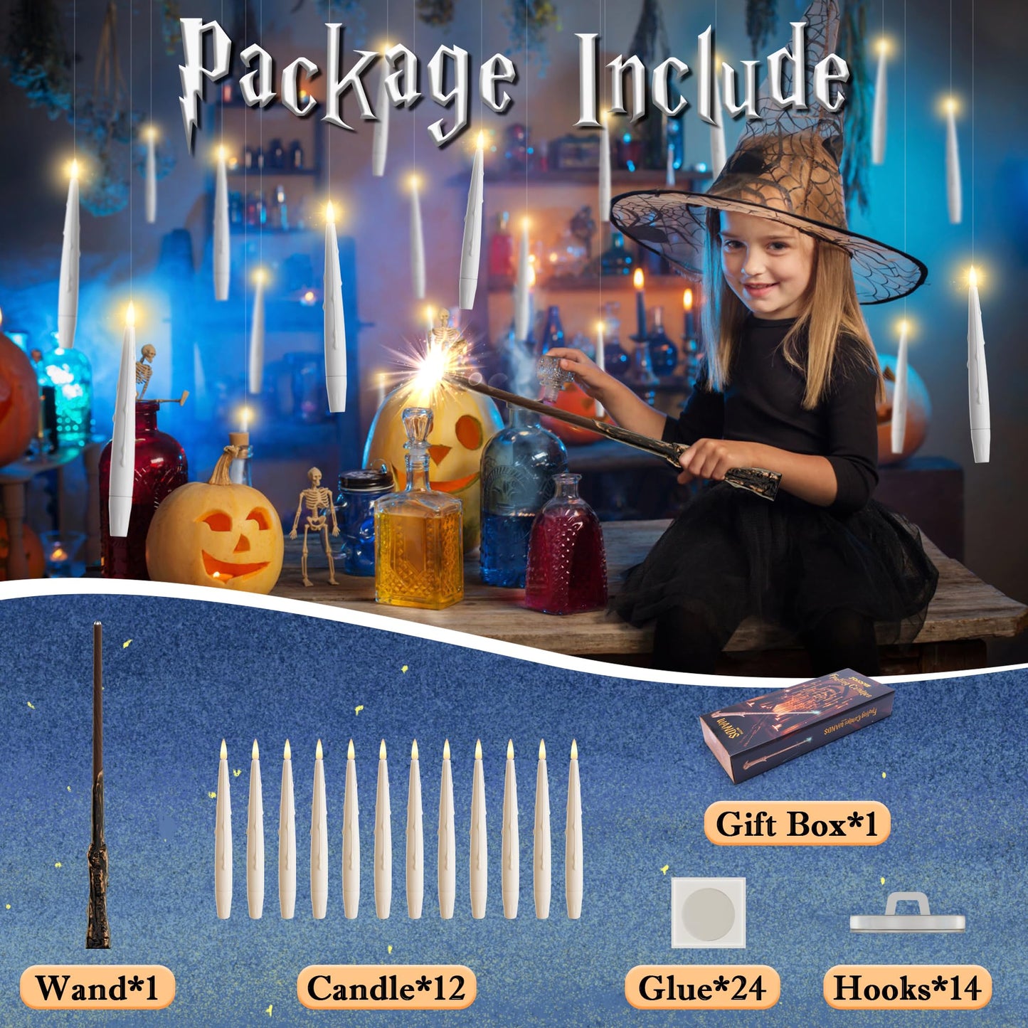JOIONE Floating Candles with Wand, 12 Pack Hanging Candles with Magic Wand Remote, Battery Powered Floating Candles with Wand, Flameless Magic Hanging Taper Candles for Xmas Halloween Decor, Ivory