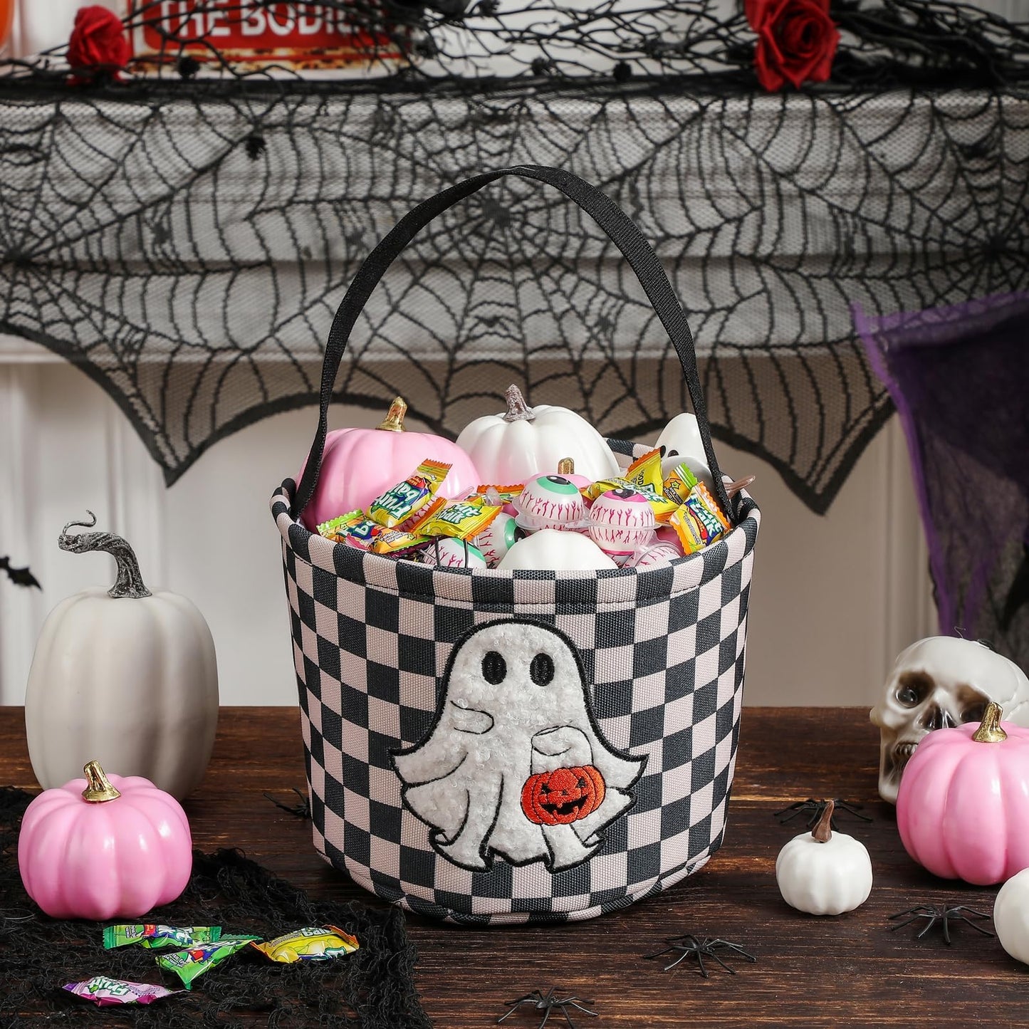 Halloween Bucket, Trick or Treat Basket for Kids Girl Boy Halloween Candy Bucket Gift Basket Canvas Pumpkin Buckets Spooky Boo Baskets Candy Bags Pumpkin Baskets for Party Favor Decorations, Black