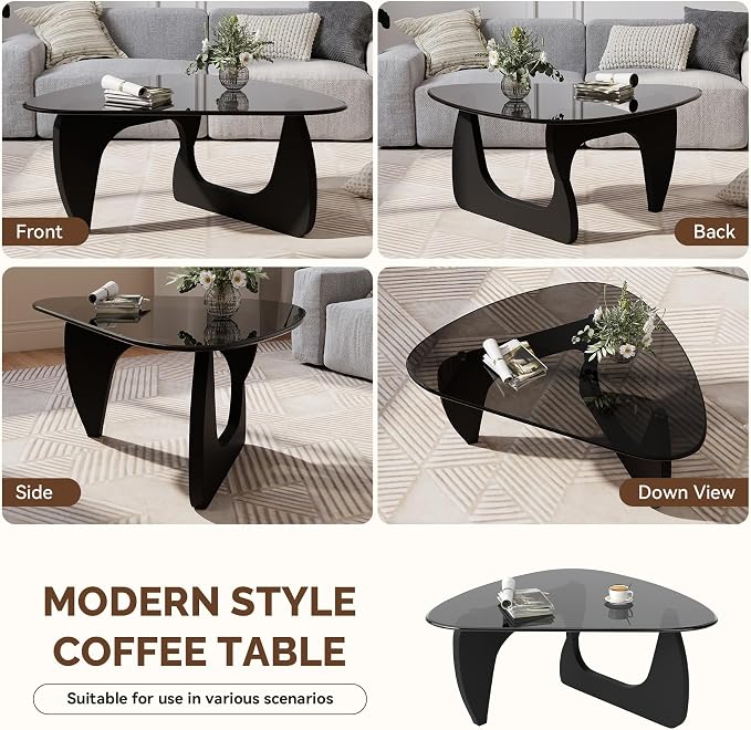 Modern Glass Coffee Table, Triangle Center Table with Tempered Glass Top& Unique Wooden Base, 31.5” Mid Century Tea Tables for Living Room, Apartment, Office,Black & Grey