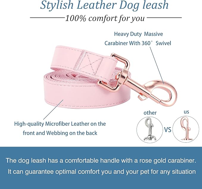 Dog Collar and Leash Set.Soft and Easy to Clean Vegan Leather with Rose Gold Metal Buckle for Small Medium Large Dogs (Pink, L(15.4”-24.8“)