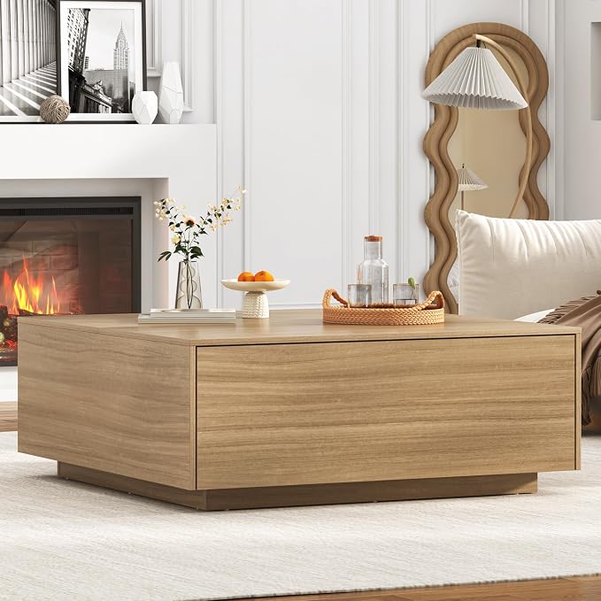 47” Square Coffee Table with Storage, 47" D x 47" W x 17" H Modern Large Square Center Table with 2 Drawers,Wood Coffee Table for Living Room,Bedroom（Light Brown）