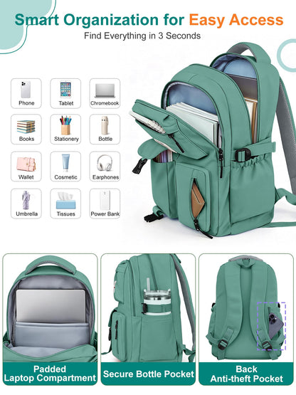 FIORETTO School Backpack for Teen Girls & Women with Compartment, Lightweight School Bag Bookbag with Multiple Pockets, Ideal for Middle High School, College, Travel, Dark Green 25L