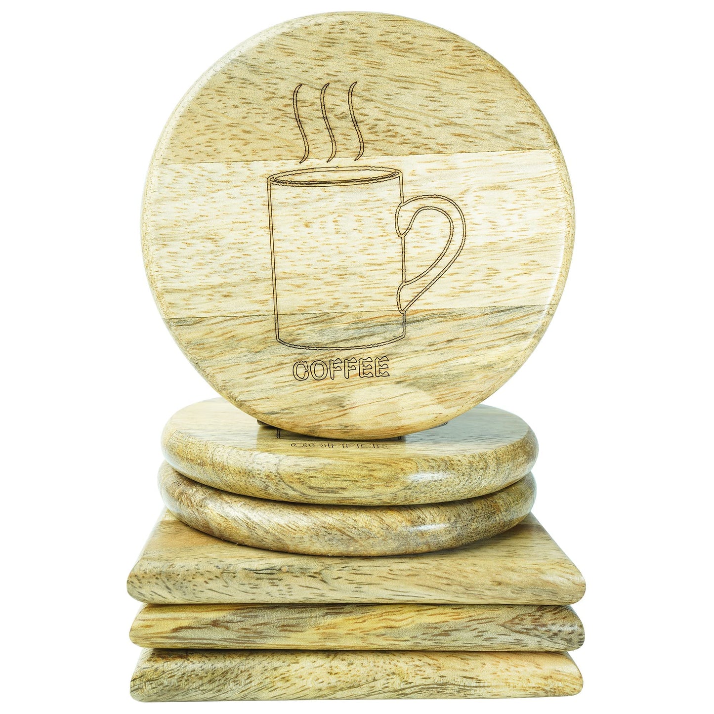 Wooden Coaster for Coffee Cups Glass & Can Table Decor | Wooden Coaster Set of 6 | 3 Round Coffee & 3 Square Tea Style Coaster Set | Handmade Design for Mug & Cup