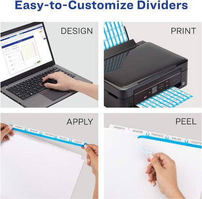 Avery 5 Tab Dividers for 3 Ring Binder, Easy Print & Apply Clear Label Strip, Index Maker Customizable White Tabs, 5 Sets (11436)