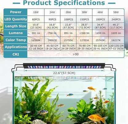 hygger 28W Aquarium Light, 24/7 & DIY Mode Fish Tank Light with Timer, IP68 Waterproof Full Spectrum, 8 Colors, 10 Brightness Day & Night Cycle Memory Function for 24-29 Inch Tank