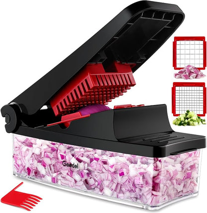 Geedel Vegetable Chopper, Onion Chopper Pro Food Chopper, Kitchen Vegetable Slicer Dicer Cutter, Veggie Chopper with container for Salad Onion Potato Carrot (2 in 1, Red)