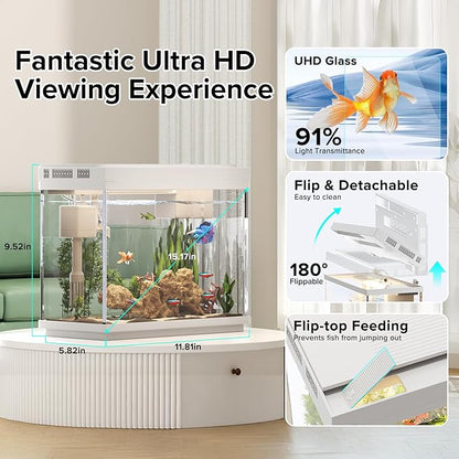 Vehipa Aquarium, 2.4 Gallon Betta Fish Tank with Heater, Humidifier 3 in 1 Pump - Filteration & Oxygenation & Circulation, Temperature Display, HD Glass, Timed 7-Color Lights