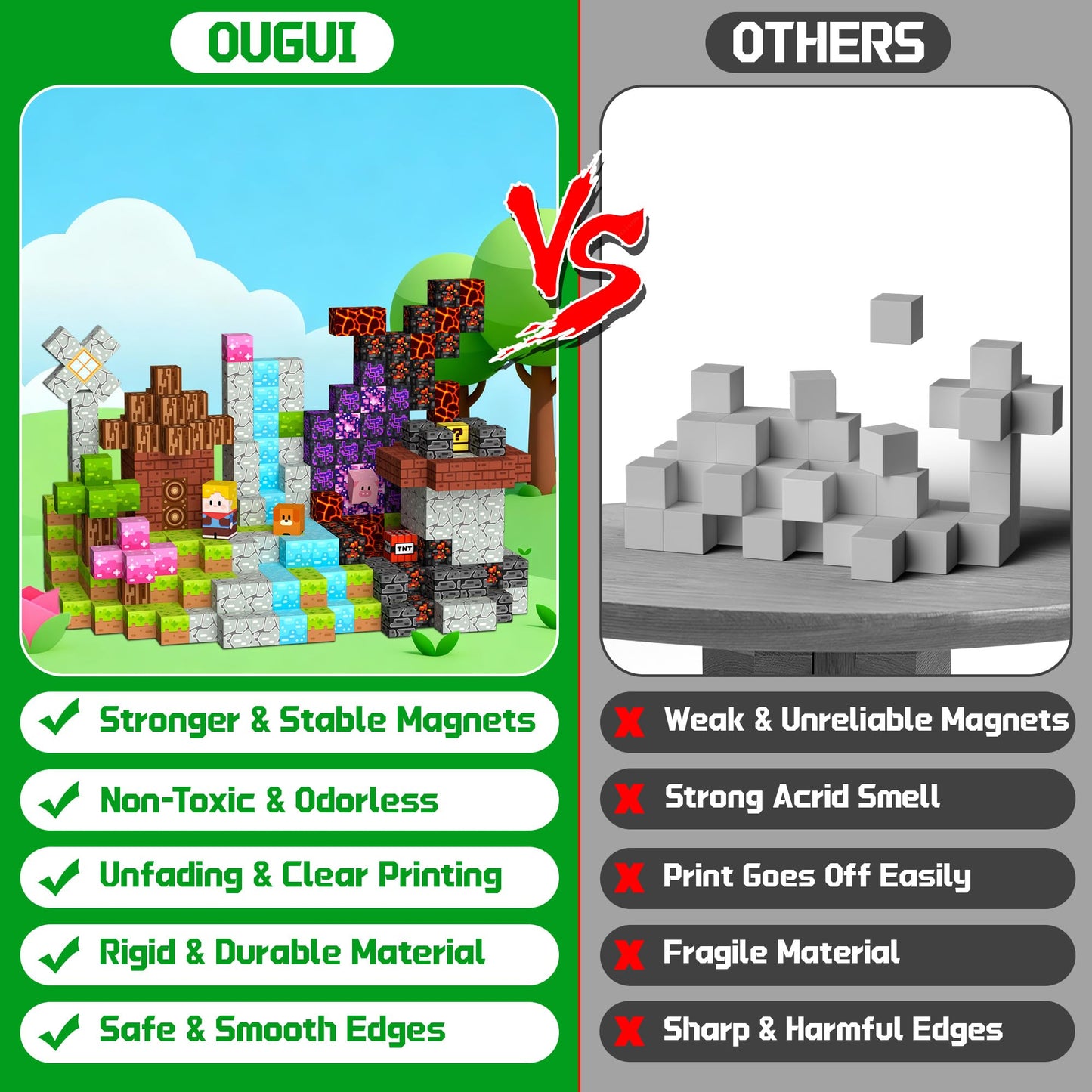 OUGUI 200 PCS Magnetic Blocks Building Block Kids - Magnet Cubes Boy Girl Constructions Toys STEM Montessori Educational Stacking Sensory Toy for Ages 3 4 5 6 7 8 9 10 11 12 Christmas Birthday Gift