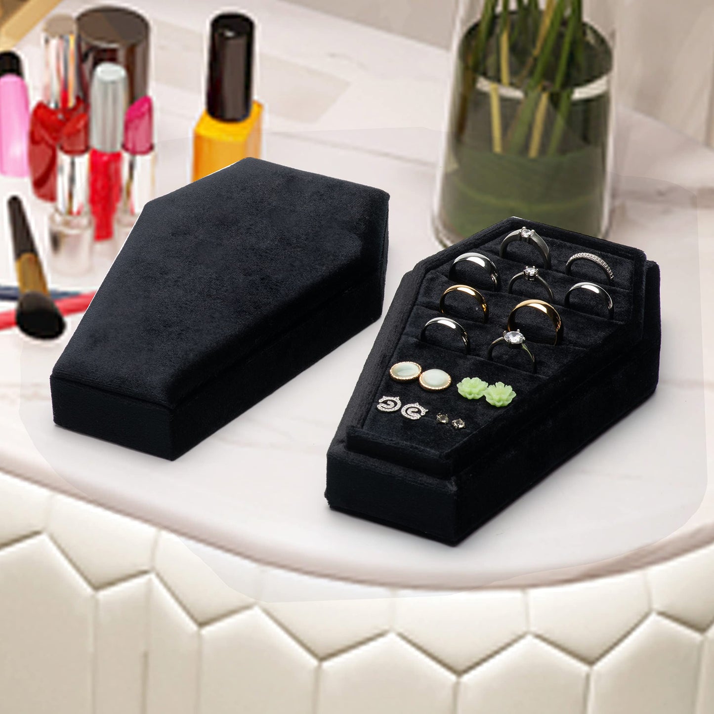 Giftop Large Velvet Coffin Ring Box Jewelry Tray Travel Case Hold Up 15 Rings for Accessories Gothic Home Jewelry Organizer Decorations Goth Decor Gifts (Black)