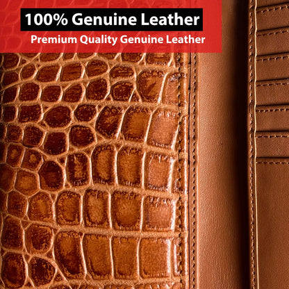 IBRO Motorcycle Chain Wallet for Men – Premium Cowhide Leather, RFID Tri-Fold Biker Wallet with Heavy Duty Chain for Bikers Truckers & Hunters, Credit Card Money Organizer Long Wallet Crocodile Brown