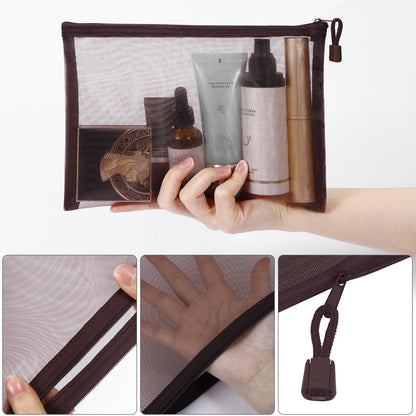 Sinzip 12 Pieces Zipper Nylon Mesh Pouch, Mesh Cosmetic Bags Makeup Bags Pencil Case, Multipurpose Travel Bags for Cosmetic School Office Supplies and Travel Accessories (Coffee, A5+B6)