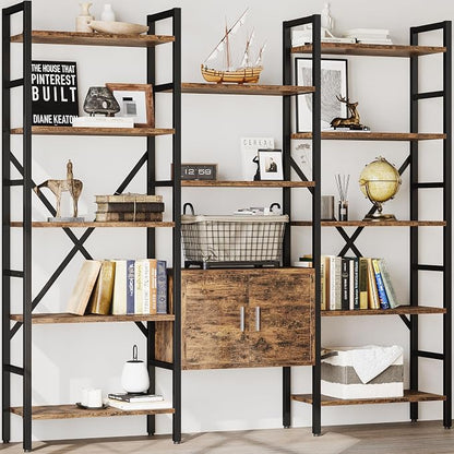 INNOD 70" Triple 5 Tier Book Shelf, Large Industrial Bookcase with Storage Cabinet, Tall Bookshelf with Open Display Shelves Furniture for Living Room Bedroom Home Office Rustic Brown