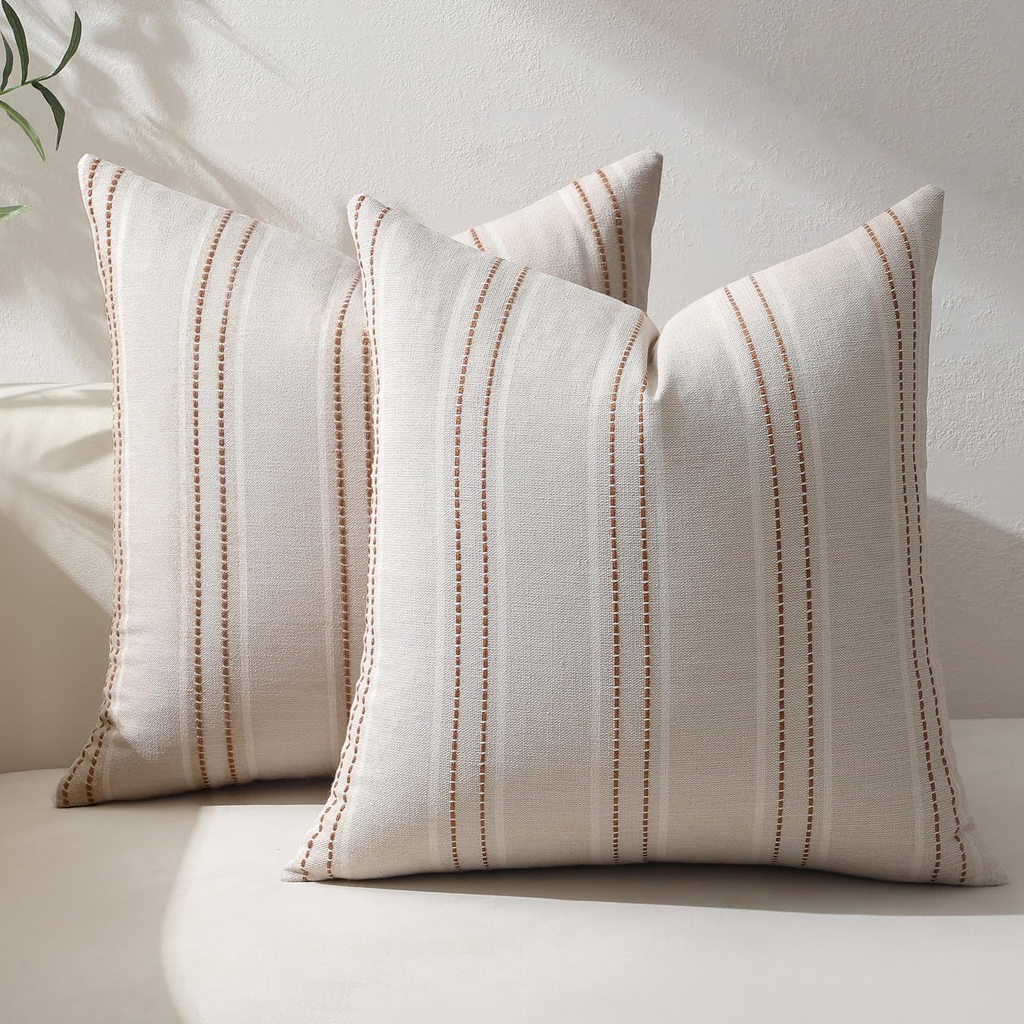 Hckot Fall Throw Pillow Covers 18x18 Set of 2 Striped Pillow Covers Textured Linen Decorative Pillows Square Cushion Covers for Sofa Couch Bed Living Room Farmhouse Decor(Caramel)