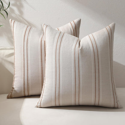 Hckot Fall Throw Pillow Covers 18x18 Set of 2 Striped Pillow Covers Textured Linen Decorative Pillows Square Cushion Covers for Sofa Couch Bed Living Room Farmhouse Decor(Caramel)